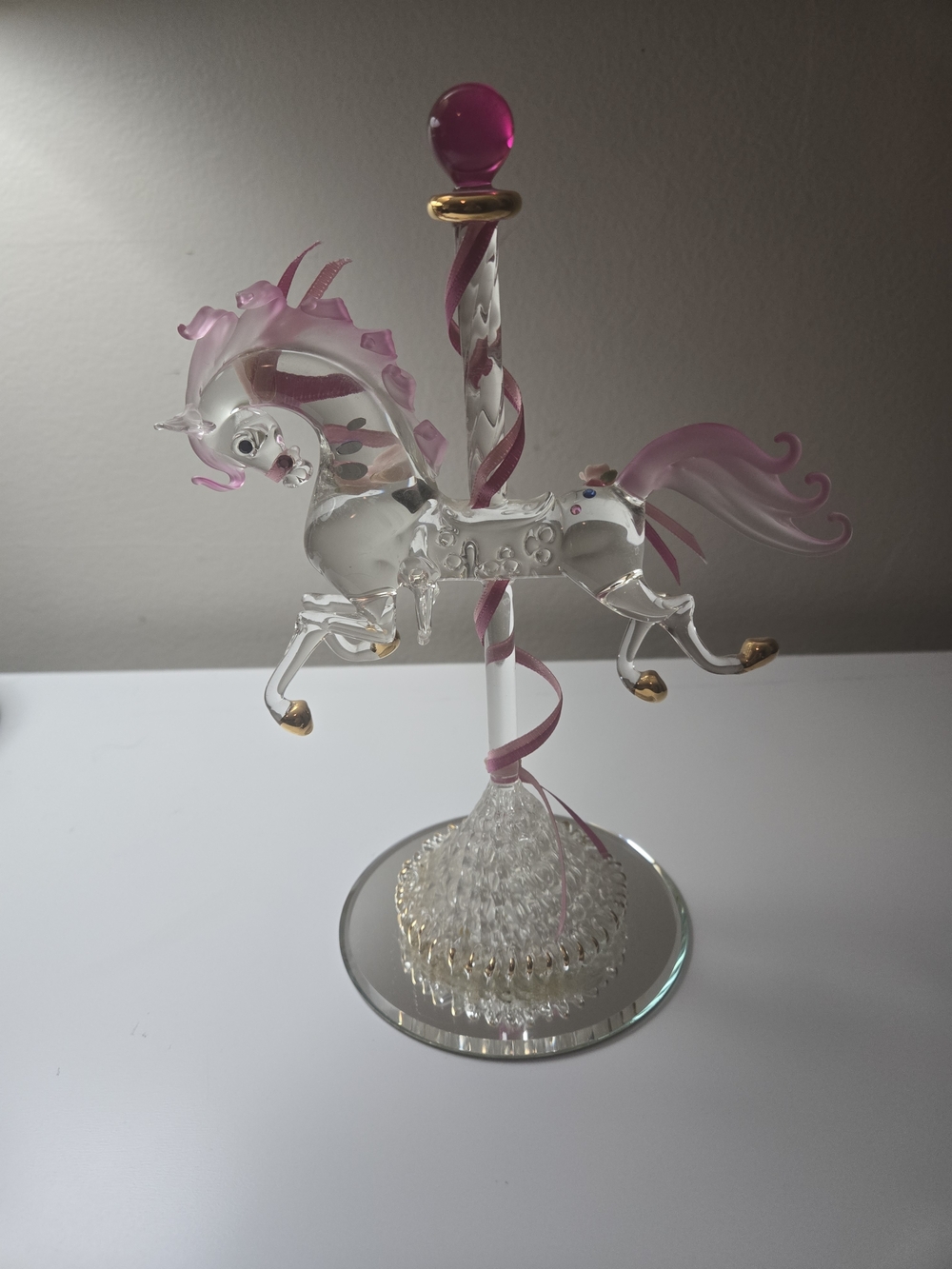 Delicate Pink-Accent Hand-Blown Glass Carousel Horse Figurine